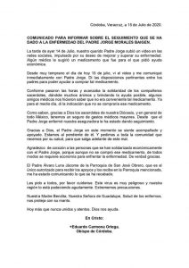 comunicado obispo de Córdoba apoyo a sacerdote Jorge Morales 